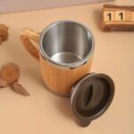 Bamboo & Stainless Steel Coffee Travel Mug with Handle and Lid - Image 5